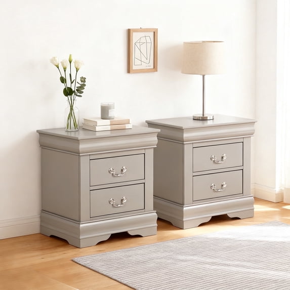 Leovanni Solid Wood Nightstand Set of 2, End Table with Drawers and Metal Handles, No Assembly Required, For Bedroom, Living Room, Adult, Gray
