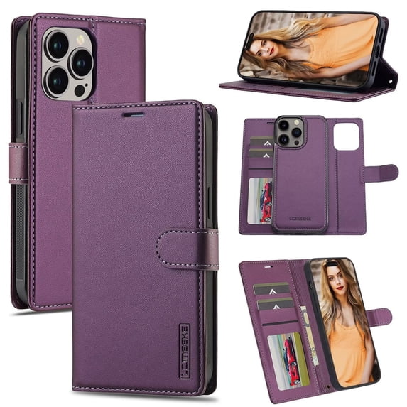LC.IMEEKE Case for iPhone 16 Pro 6.3 inch, 2 in1 Multifunctional Detachable Wallet Phone Case for Men Women with RFID Blocking Wrist Strap Shockproof Protective Case,Purple,For iPhone 16 Pro