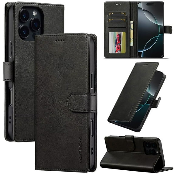 LC.IMEEKE Leather Case For iPhone 16 Pro,Premium PU Leather Flip Folio Wallet Case with Card Slot Magnetic Closure Shockproof Kickstand Protective Phone Cases Cover For iPhone 16 Pro,Black
