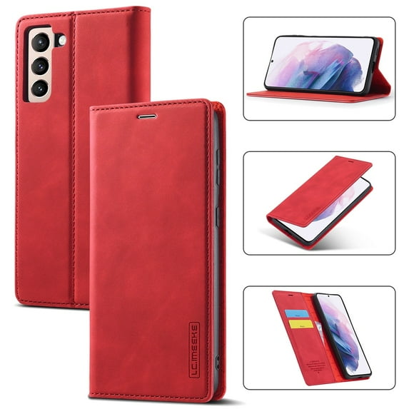 LC.IMEEKE Leather For Samsung Galaxy S21 FE 5G Case, Flip Wallet Leather Case with Card Holder Magnetic Closure Shockproof Kickstand Protective Phone Cases Cover For Samsung Galaxy S21 FE 5G,Red