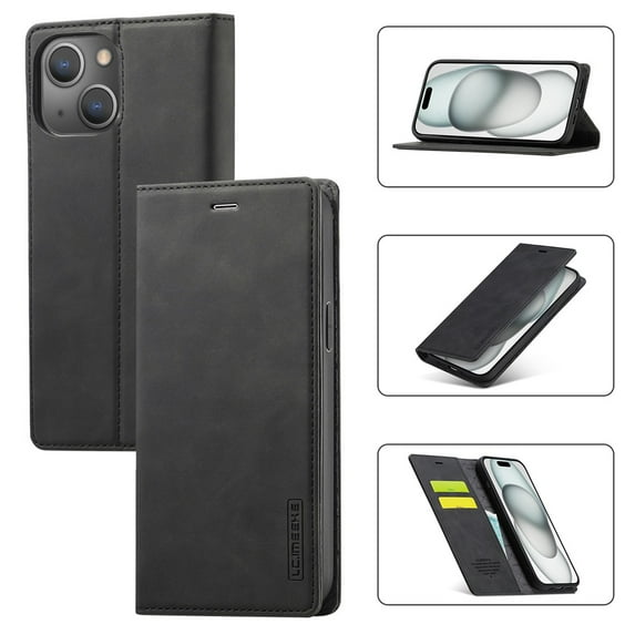 LC.IMEEKE Leather For iPhone 15 Plus Case, Flip Wallet Leather Case with Card Holder Magnetic Closure Shockproof Kickstand Protective Phone Cases Cover For iPhone 15 Plus,Black,For iPhone 15 Plus