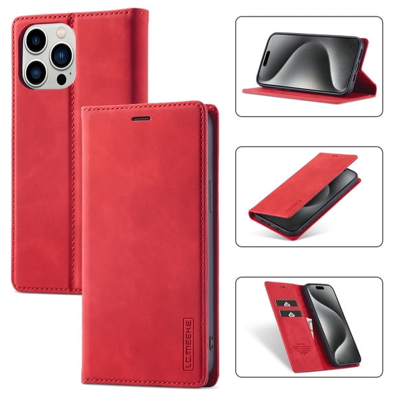 LC.IMEEKE Leather For iPhone 15 Pro Case, Flip Wallet Leather Case with Card Holder Magnetic Closure Shockproof Kickstand Protective Phone Cases Cover For iPhone 15 Pro,Red,For iPhone 15 Pro