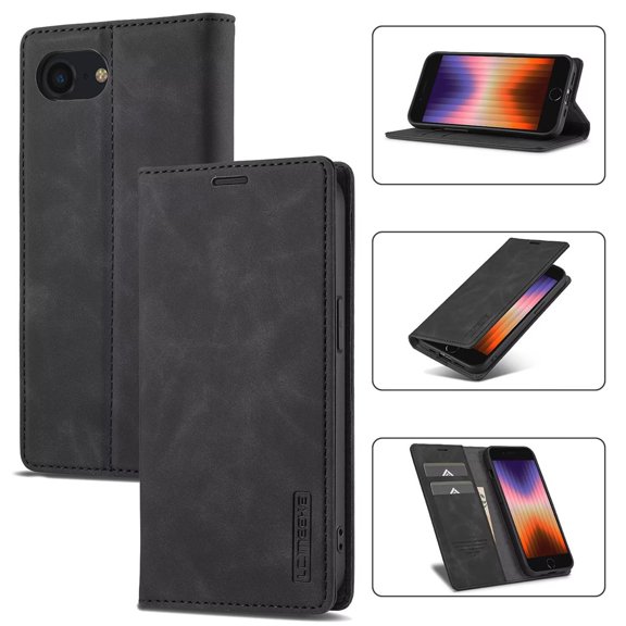 LC.IMEEKE Leather For iPhone 16e Case, Flip Wallet Leather Case with Card Holder Magnetic Closure Shockproof Kickstand Protective Phone Cases Cover For iPhone 16e,Black,For iPhone 16e