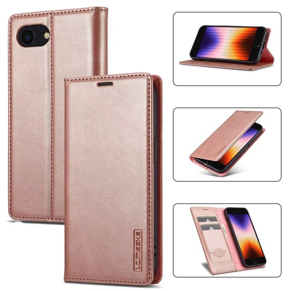 LC.IMEEKE Leather For iPhone 16e Case, Flip Wallet Leather Case with Card Holder Magnetic Closure Shockproof Kickstand Protective Phone Cases Cover For iPhone 16e,Rose Gold,For iPhone 16e