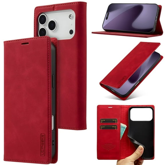 LC.IMEEKE Leather For iPhone 17 Pro Max Case, Flip Wallet Leather Case with Card Holder Magnetic Closure Shockproof Kickstand Protective Phone Cases Cover For iPhone 17 Pro Max,Red