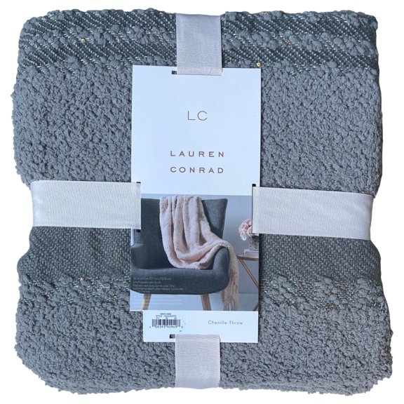 LC Lauren Conrad Gray Chenille Fringe Throw Blanket, Plush & Soft 50 x 60