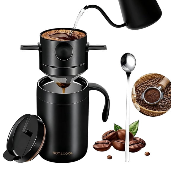 LC-dolida 16oz Portable Pour Over Coffee Maker, Pour-Over Coffee Set with Coffee Cup Drip and Spoon, Stainless Steel BPA-Free for Home, Office, Camping, Travel (Black)