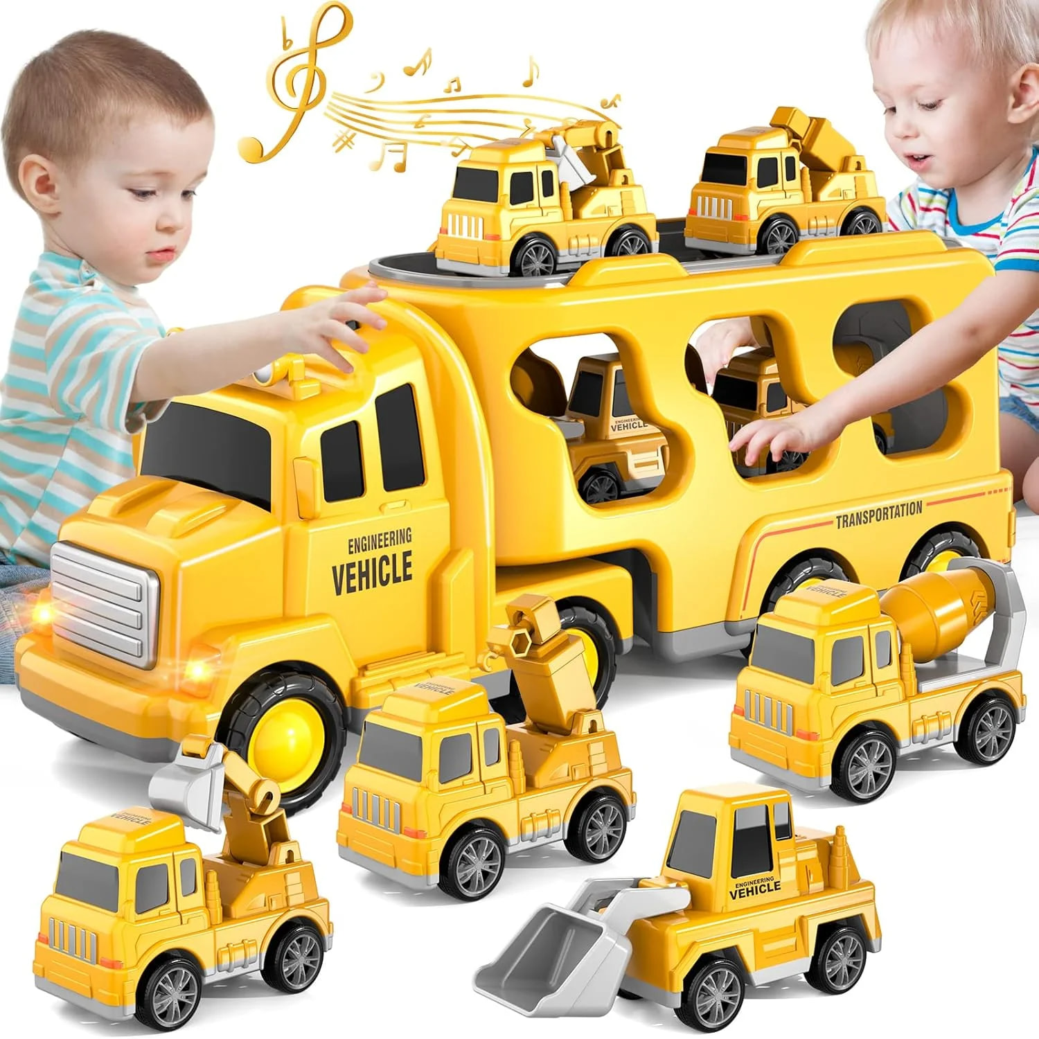 LC-dolida 5 in 1 Construction Car Carrier Truck Toys for 3 4 5 6 Year Old Boys, Friction Power Cars with Excavator,Bulldozer,Crane,Cement tanker, Christmas Birthday Boys for Boys Age 3-9