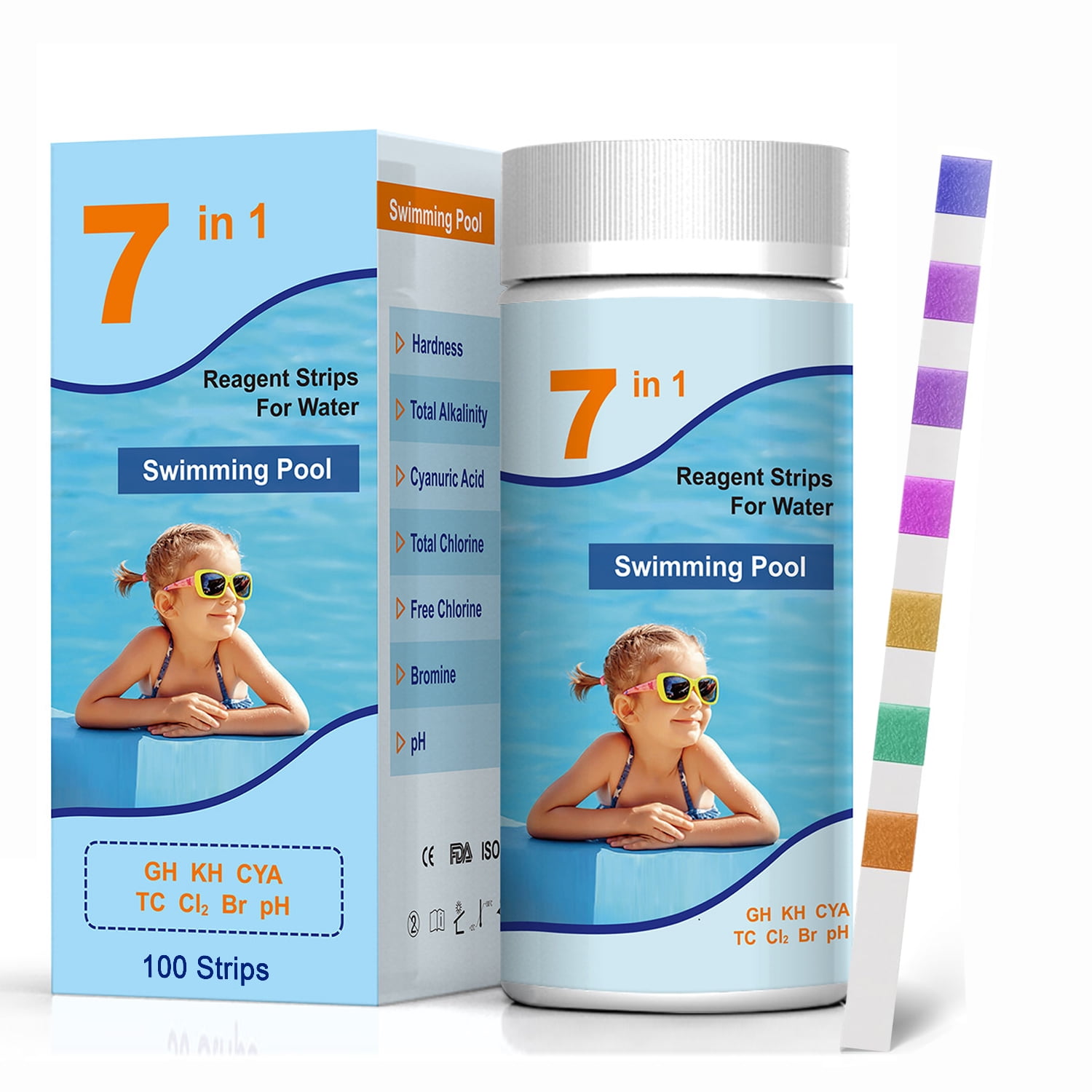 LC-dolida 7 in 1 Pool Test Strips, 100 Strips Water Chemical Testing for Hot tub and Spa, Accurate Test Bromine, Total Alkalinity, pH, Free Chlorine, Total Hardness, Cyanuric Acid, and Total Chlorine