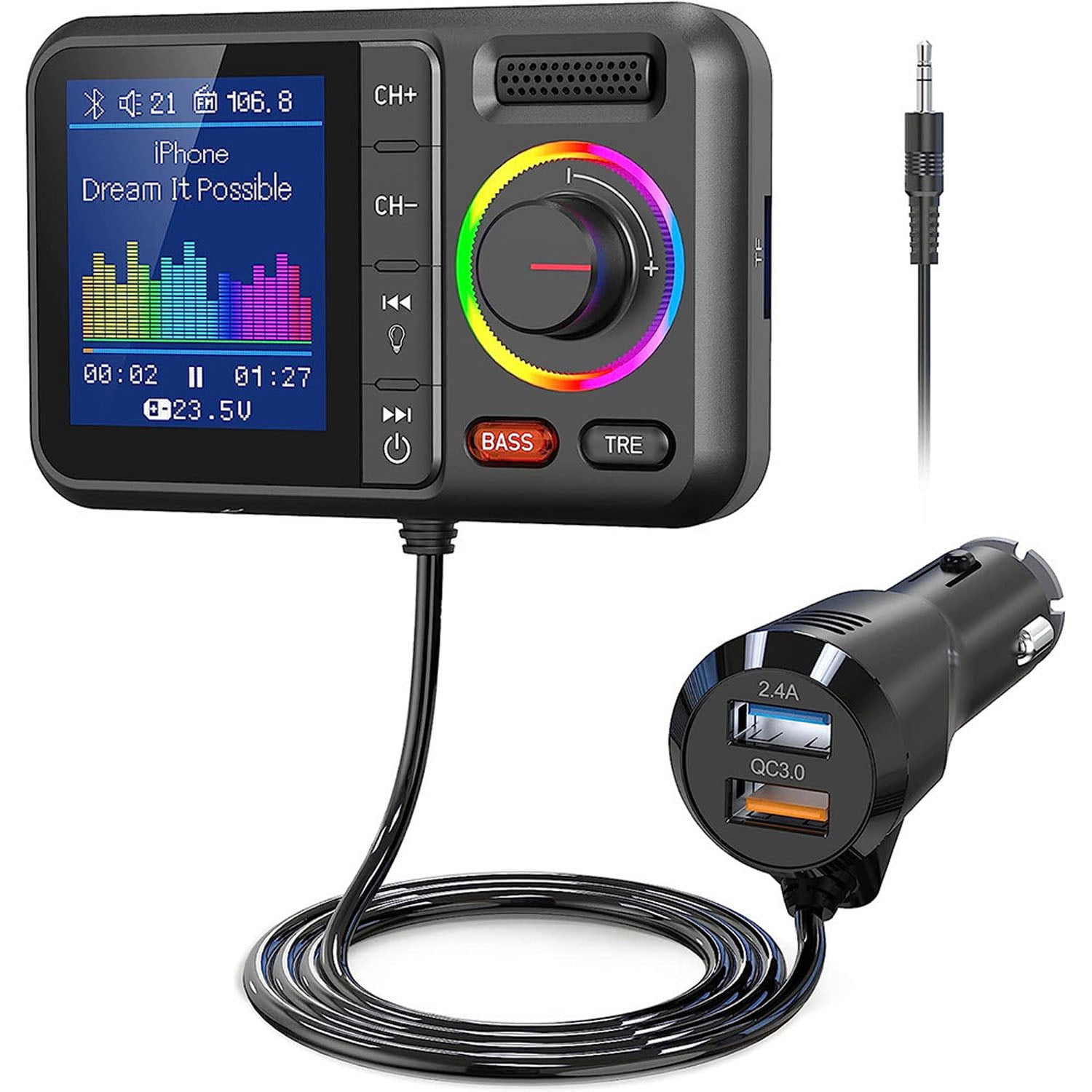 LC-dolida Bluetooth FM Transmitter for Car, Wireless Car Bluetooth V5.0 Adapter with Big Color Screen, Support QC3.0 Fast Charging, Hands-Free Call, MP3 Music Player BASS&TRE Booster, TF Card Black