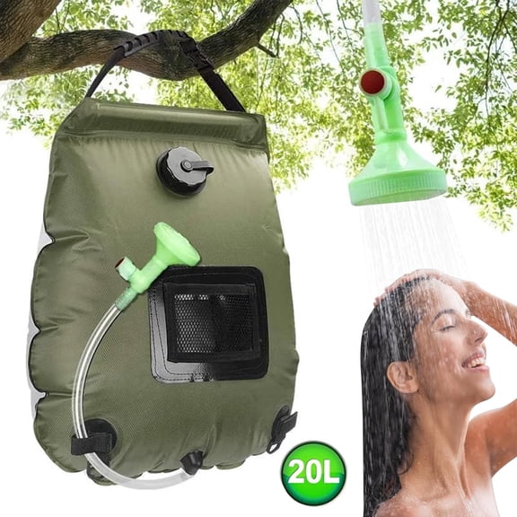 LC-dolida Camping Shower Bag, 20L Solar Shower with Removable Hose On-Off Switchable Thermometer Display, Solar Heat Absorption for Camping, Hiking, Traveling, Swimming, Beach(Green)