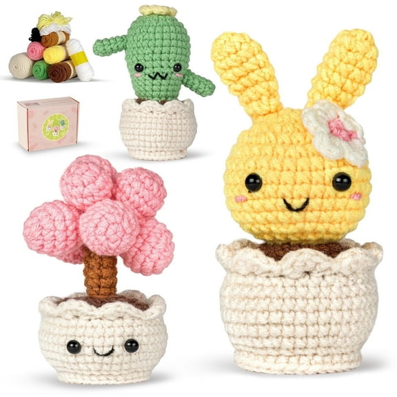 LC-dolida Crochet Starter Kits, DIY 3 Potted Plant Amigurumi Craft Kit, 40% Extra Yarn, Complete Starter Supplies for Adults & Kids
