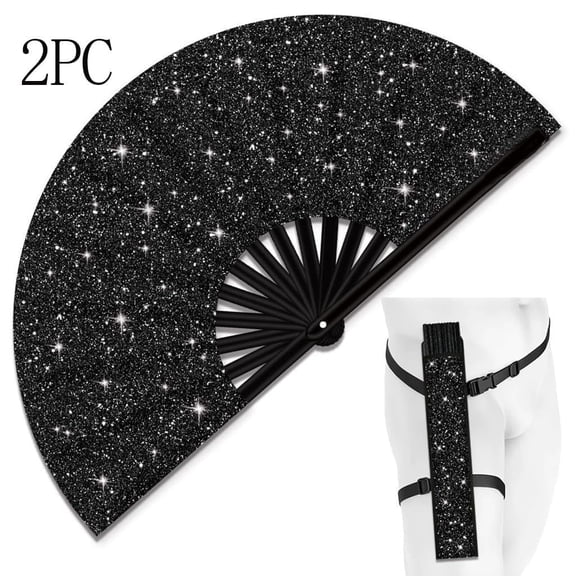 LC-dolida Fans for line Dancing, Glitter Large Rave Folding Clack Hand Fan with Holster for Men/Women Handheld Fan for EDM,Festival,Club,Party,Dance ,Line Dance(Black,2Packs)