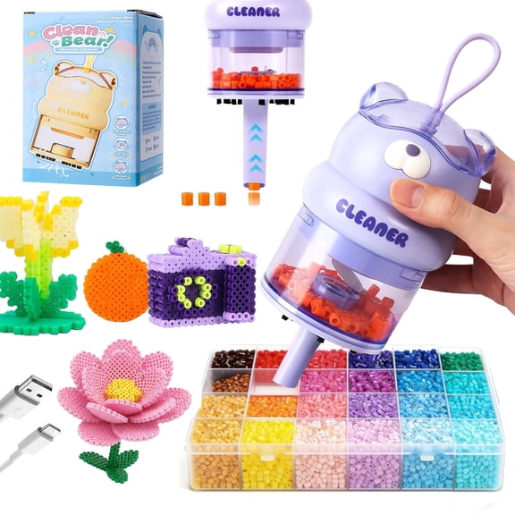 LC-dolida Fuse Bead Set- Bead Sweeper & 24-color Fuse Beads with Brush and Silicone Rope, One-button Operation 2 Levels Suction Power Ergonomic for Kid Adult Gift for Fuse Bead Art Fan(Pueple)