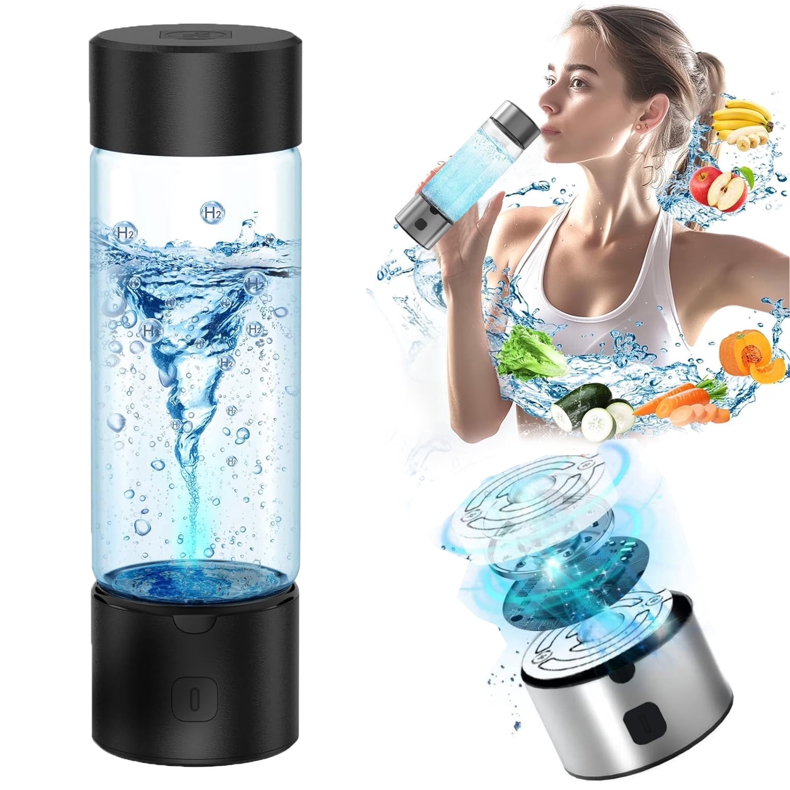 LC-dolida Hydrogen Water Bottle, 460ml Portable SPE/PEM Tech Hydrogen Water Machine with LED Light, 1800PPB Hydrogen Concentration for Home Office Gym Travel (Black)