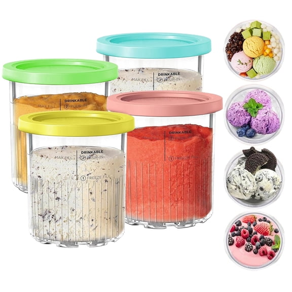 LC-dolida Ice Cream Containers Replacement for Ninja Creami Pints and Lids 24oz Compatible with NC501/500 BPA-Free Dishwasher Safe Airtight Leaf-Proof, 4 Pack (Pink Green Blue Yellow)