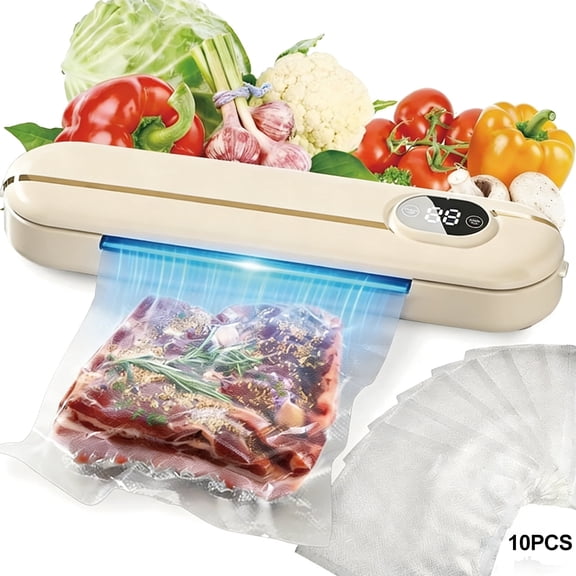 LC-dolida Multifunctional Vacuum Sealer, 60 kPa Food Vacuum Sealer Machine with LED Display & 10 Sealing Bags, 3 Sealing Modes One-click Operation Powerful Suction for Dry and Moist Food（Beige）