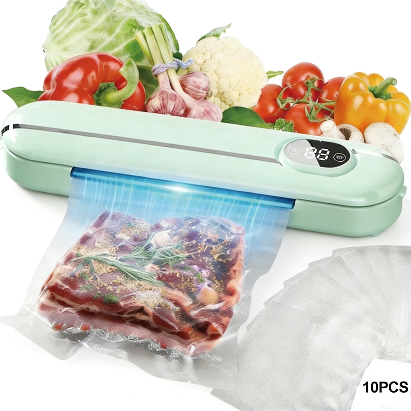 LC-dolida Multifunctional Vacuum Sealer, 60 kPa Food Vacuum Sealer Machine with LED Display & 10 Sealing Bags, 3 Sealing Modes One-click Operation Powerful Suction for Dry and Moist Food（Green）