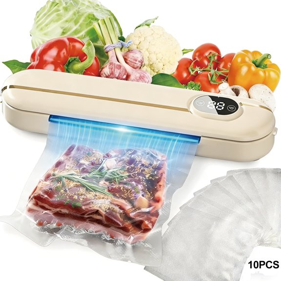 LC-dolida Multifunctional Vacuum Sealer, 60 kPa Food Vacuum Sealer Machine with LED Display & 10 Sealing Bags, 3 Sealing Modes One-click Operation Powerful Suction for Dry and Moist Food(Beige)