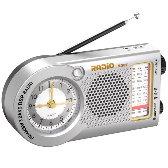 LC-dolida Portable AM FM SW Radio, Rechargeable Full-Channel Radio with Clock, Best Reception, Large Speaker, Long Telescopic Antenna, Lightweight Mini Radio for Elderly, Home, and Outdoor, Silver