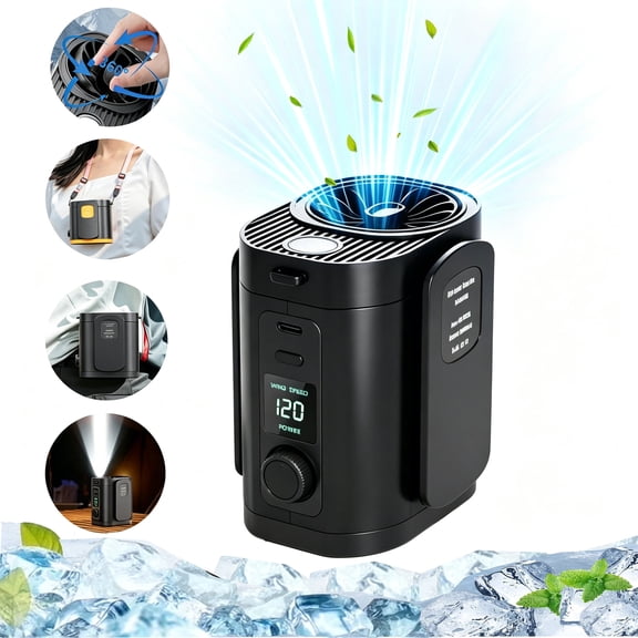 LC-dolida Portable Silent Clip On Fan, Waist Hanging Neck Fan with Flashlight & LED Display,120 Speed Adjustable 360° All-around Airflow Long Battery Life for Travel Outdoor Camping Indoor(Black)