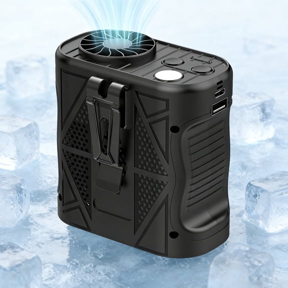 LC-dolida Portable Waist Fan, 5-Speed Adjustable, with Power Bank, LED Flashlight & Warning Light, Phone Stand, Hands-Free for Outdoor, Jobsite, Camping, Hiking (Black)