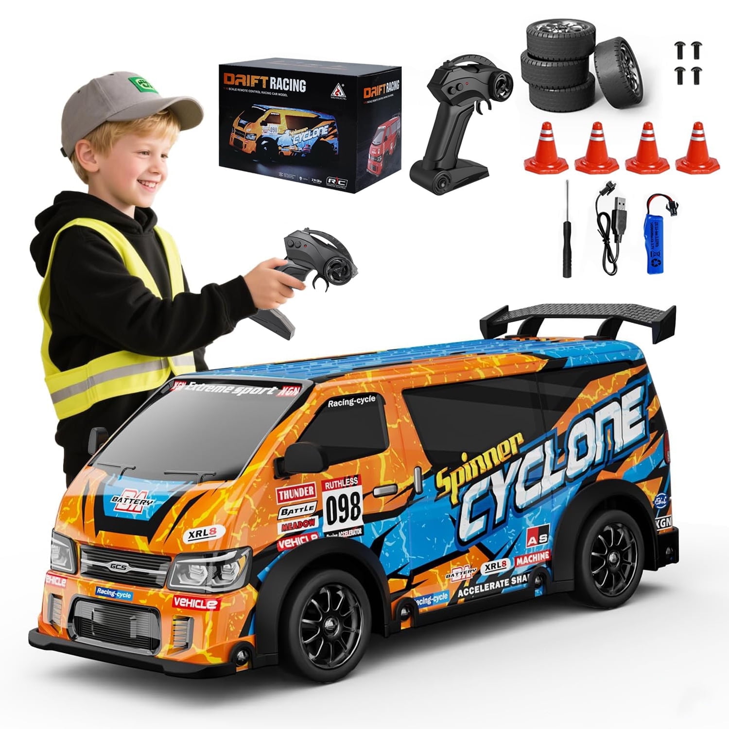 LC-dolida RC Drift Car, 1:24 Scale 4WD High Speed Remote Control Truck, 2.4GHz Drift Van with LED Lights & Cool luminous car shell,Blue-Orange Off-Road Drifting RC Toy Gift for Boys Kids Ages 7-14