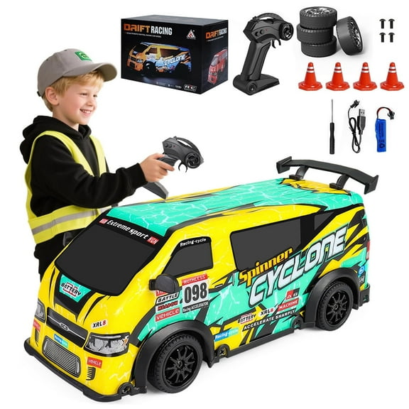 LC-dolida RC Drift Car, 1:24 Scale 4WD High Speed Remote Control Truck, 2.4GHz Drift Van with LED Lights & Cool luminous car shell,Yellow Cyan Off-Road Drifting RC Toy Gift for Boys Kids Ages 7-14