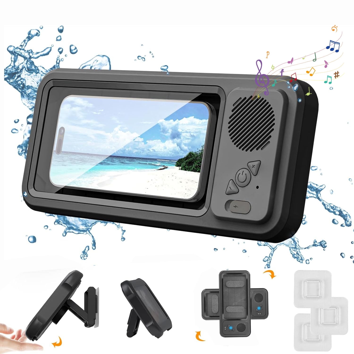 LC-dolida Shower Phone Holder with Wireless Bluetooth Speaker, Waterproof 360 Rotation Viewable Shower Phone Stand Case Mount Speakers for Bathroom Wall Mirro for 4"- 6.8" Cell Phones(Black)