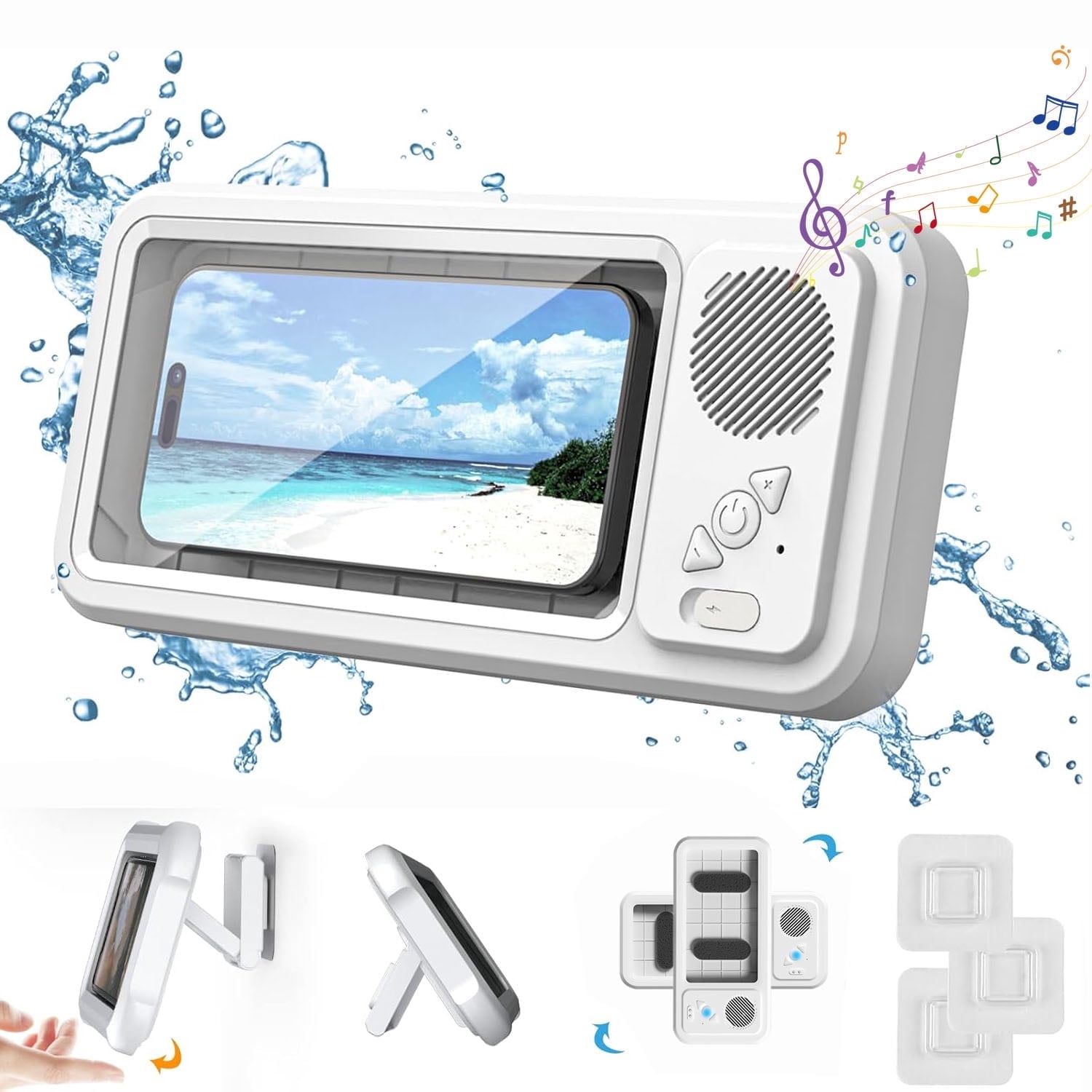 LC-dolida Shower Phone Holder with Wireless Bluetooth Speaker, Waterproof 360 Rotation Viewable Shower Phone Stand Case Mount Speakers for Bathroom Wall Mirro for 4"- 6.8" Cell Phones(White)