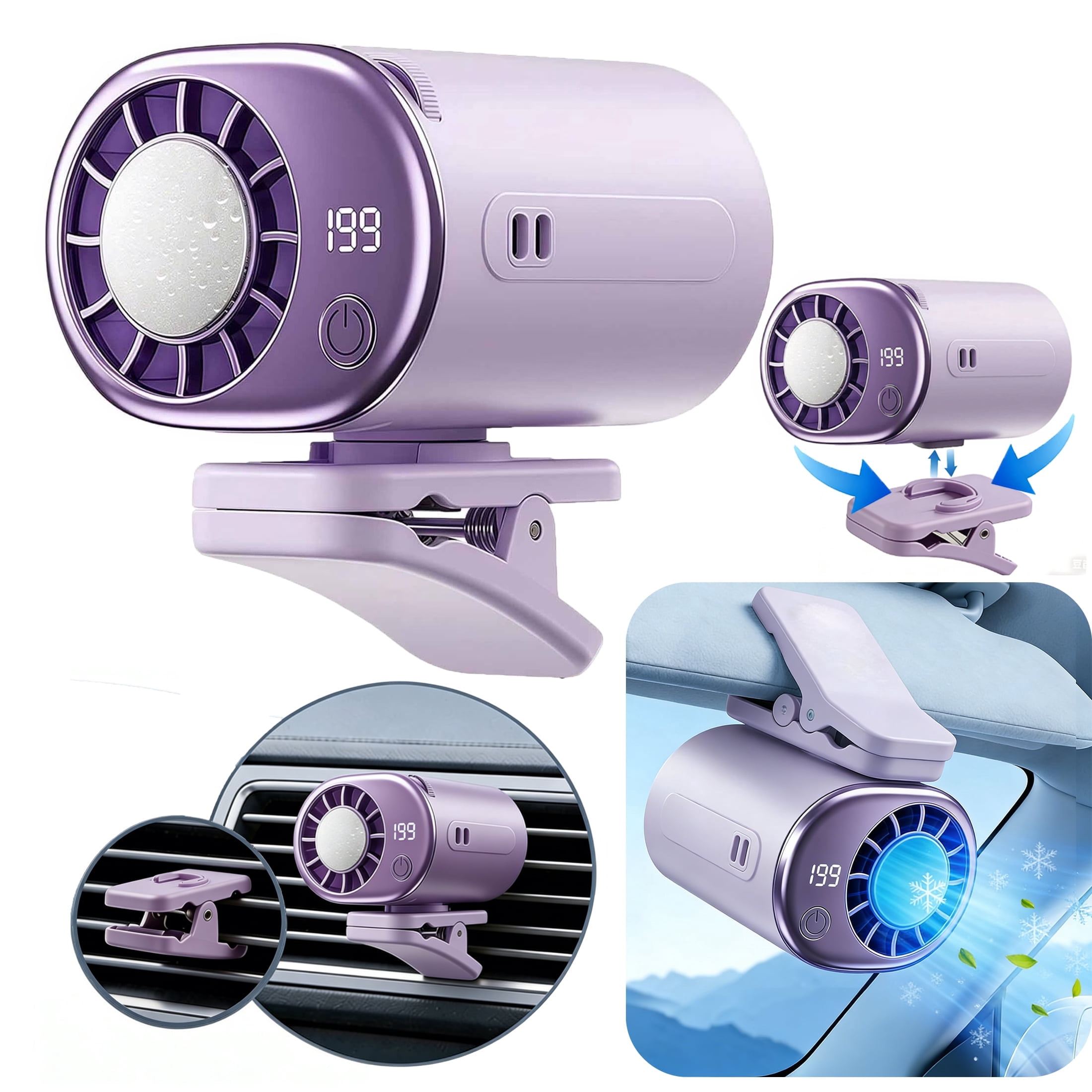LC-dolida Silent Clip On Fan, Detachable Mini Fan with LED Display, Semi-Cooling 199 Speeds Adjustable 360° Rotation Long Battery Life for Car Desk Backseat Travel Gym Camping Stroller Use (Purple)