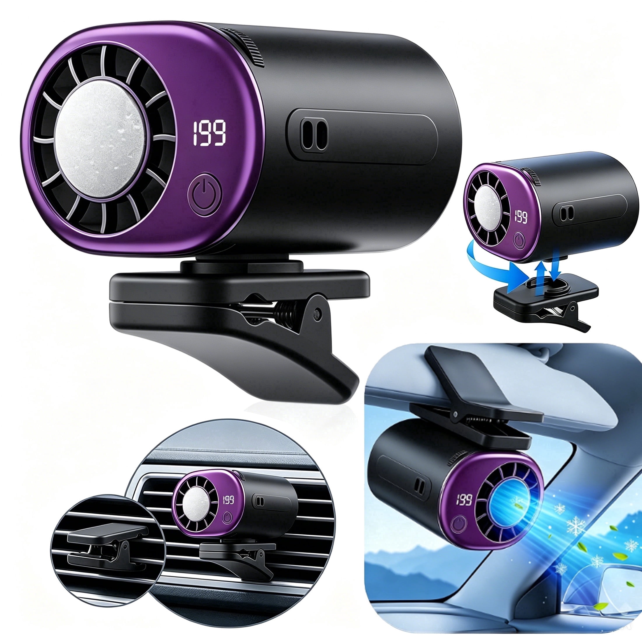 LC-dolida Silent Clip on Fan, Car Fan with Semi-refrigerated & LED Display, 2000mAh Long Battery 199 Speeds Adjustable, 360° Rotation for Car Desk Backseat Travel Camping Stroller Use (Gray)