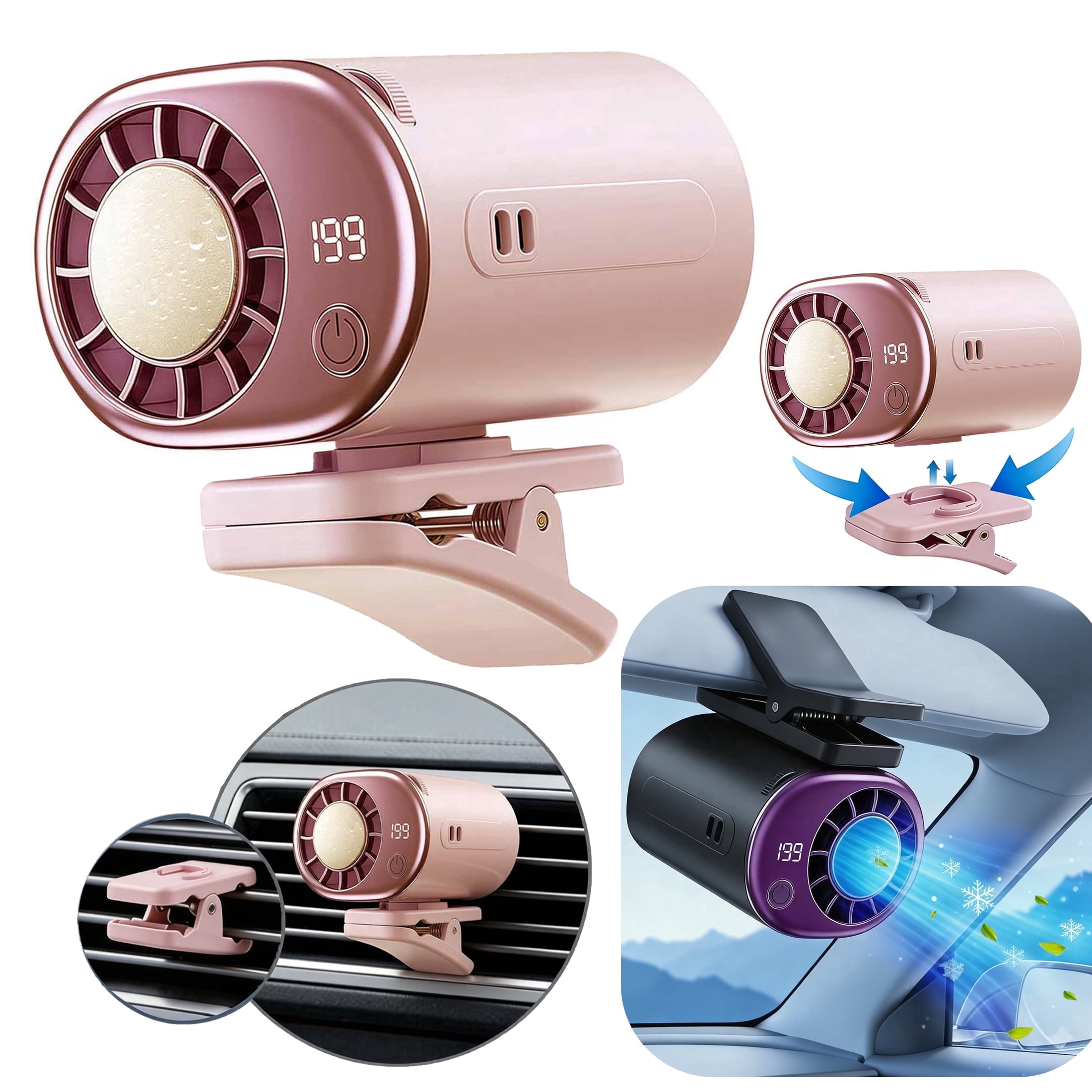 LC-dolida Silent Clip On Fan, Detachable Mini Fan with LED Display, Semi-Cooling 199 Speeds Adjustable 360° Rotation Long Battery Life for Car Desk Backseat Travel Gym Camping Stroller Use (Pink)