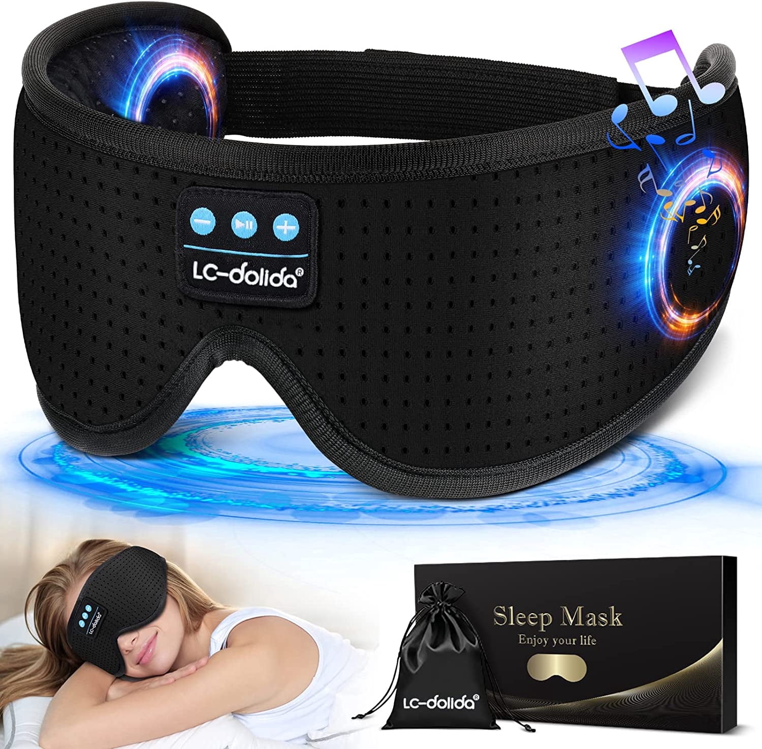 LC-dolida Sleep Headphones, White Noise Bluetooth Sleep Mask 3D Wireless Eye Mask Sleeping Headphones, Sleep Mask with Bluetooth Headphones for Side Sleepers Travel Yoga, Cool Gifts
