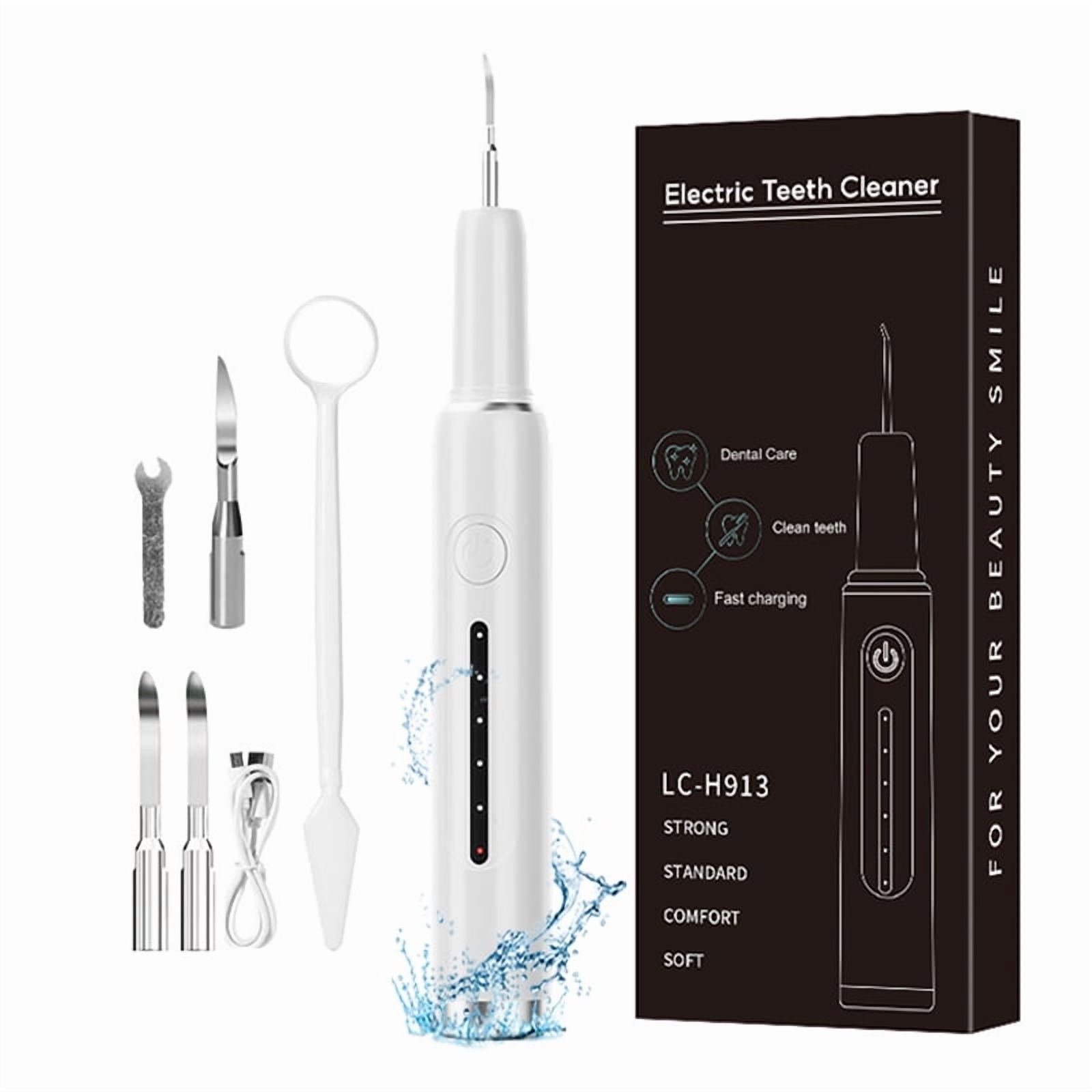 LC-dolida Ultrasonic Teeth Cleaning Kit, 5 Modes & Auto Pressure Sensing, IPX6 Waterproof Electric Tartar Remover with 4 Replaceable Heads, Type-C Fast Charging, Includes Dental Mirror Kit(White)