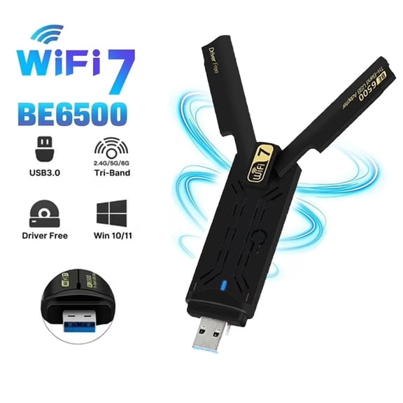 LC-dolida USB 3.0 WiFi 7 Adapter, 6500Mbps Tri-band 6G/5G/2.4G Wireless Network Adapter with Drive-Free Plug & Play Ultra-Low Latency for Windows 10/11 Desktop Laptop,Black