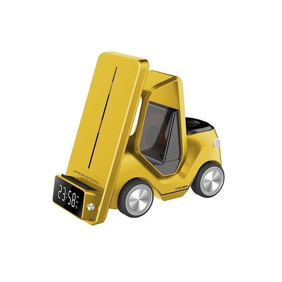 LC-dolida Wireless Charging Station with Clock, Ambient Light, Small Car Desktop Wireless Charger, Forklift Fast Charging for Phone 15 Watch Headphones Charging Cell Phone Holder (Yellow)
