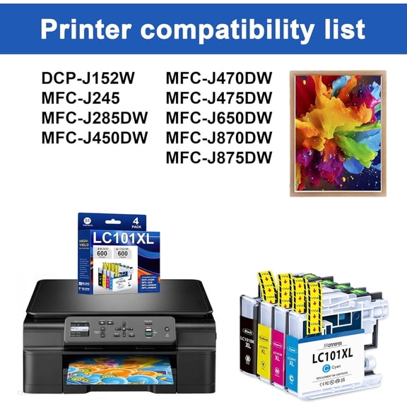 LC101XL Ink Cartridges Replacement for LC101 LC101 XL LC103XL Work with DCP-J152W MFC-J245 MFC-J285DW MFC-J450DW MFC-J470DW Printer High Yield Ink (4 XL Pack-Black, Cyan, Magenta, Yellow)
