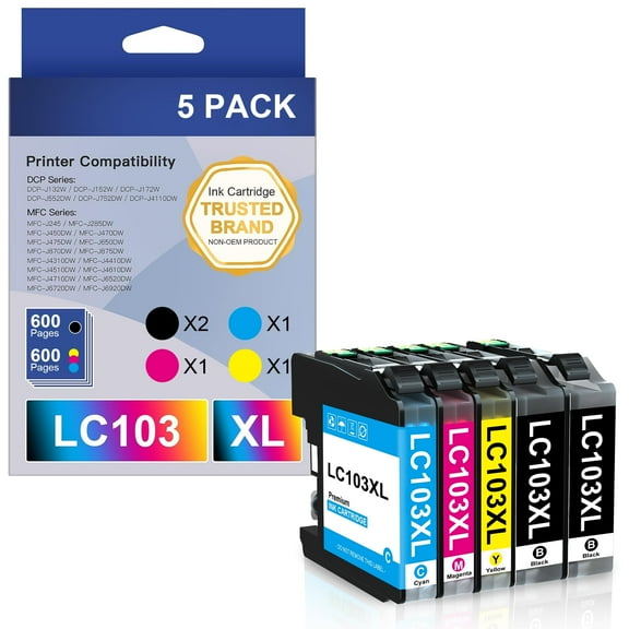 LC103 LC101XL Ink cartridges Compatible for Brother LC103XL LC101 Work with Brother MFC-J870DW MFC-J6920DW MFC-J6520DW MFC-J450DW MFC-J470DW (2 Black, 1 Cyan, 1 Magenta, 1 Yellow, 5 Pack)