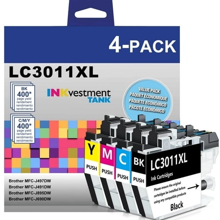 LC3011XL Ink Compatible for Brother LC3011 LC3013 Ink Cartridges for MFC-J497DW MFC-J895DW MFC-J491DW MFC-J690DW Printer (1 Black, 1 Cyan, 1 Magenta, 1 Yellow)