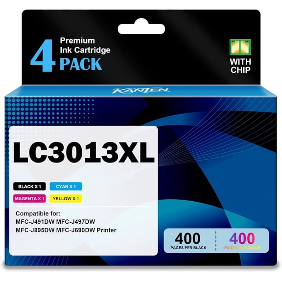 LC3013 XL Ink Cartridge (with Chip) High Yield Replacement for LC3013 LC3013XL LC3011 ink Compatible with MFC-J491DW MFC-J497DW MFC-J690DW MFC-J895DW Printers (4-Pack,Black Cyan Magenta Yellow)