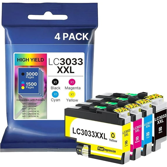 LC3033XXL Ink 4-Pack Replacement for Brother LC3033 Ink Cartridges BK/C/M/Y LC3033XXL LC3035 XXL High Yield for Brother MFC-J995DW MFC-J805DW MFC-J815DW MFC-J995DWXL MFC-J805DWXL MFC-J815DWXL