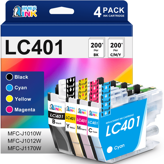LC401 Ink Cartridges for Brother LC401 LC401XL Ink Cartridges for Brother MFC-J1010DW MFC-J1012DW MFC-J1170DW Printer ( Black, Cyan, Magenta, Yellow, 4 Pack)