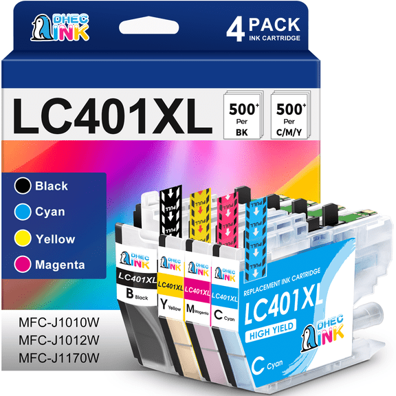 LC401 Ink Cartridges Compatible for Brother LC401XL LC-401 Ink Cartridge for Brother MFC-J1010DW MFC-J1012DW MFC-J1170DW Printer (Black, Cyan, Magenta, Yellow, 4 Pack)