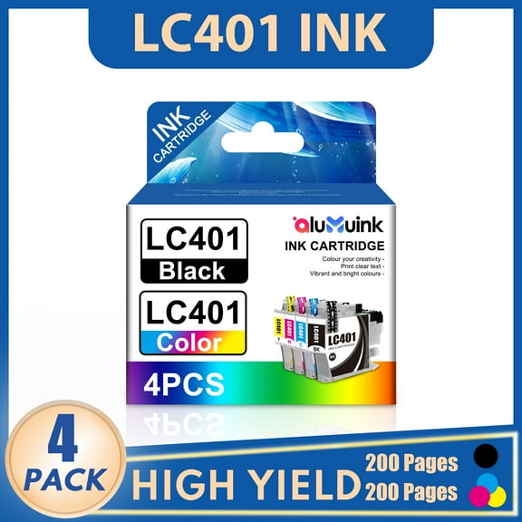 LC401 Ink cartridges Compatible for Brother LC401 ink for Brother MFC-J1010DW MFC-J1012DW Printer (1 Black, 1 Cyan, 1 Magenta, 1 Yellow, 4 Pack)