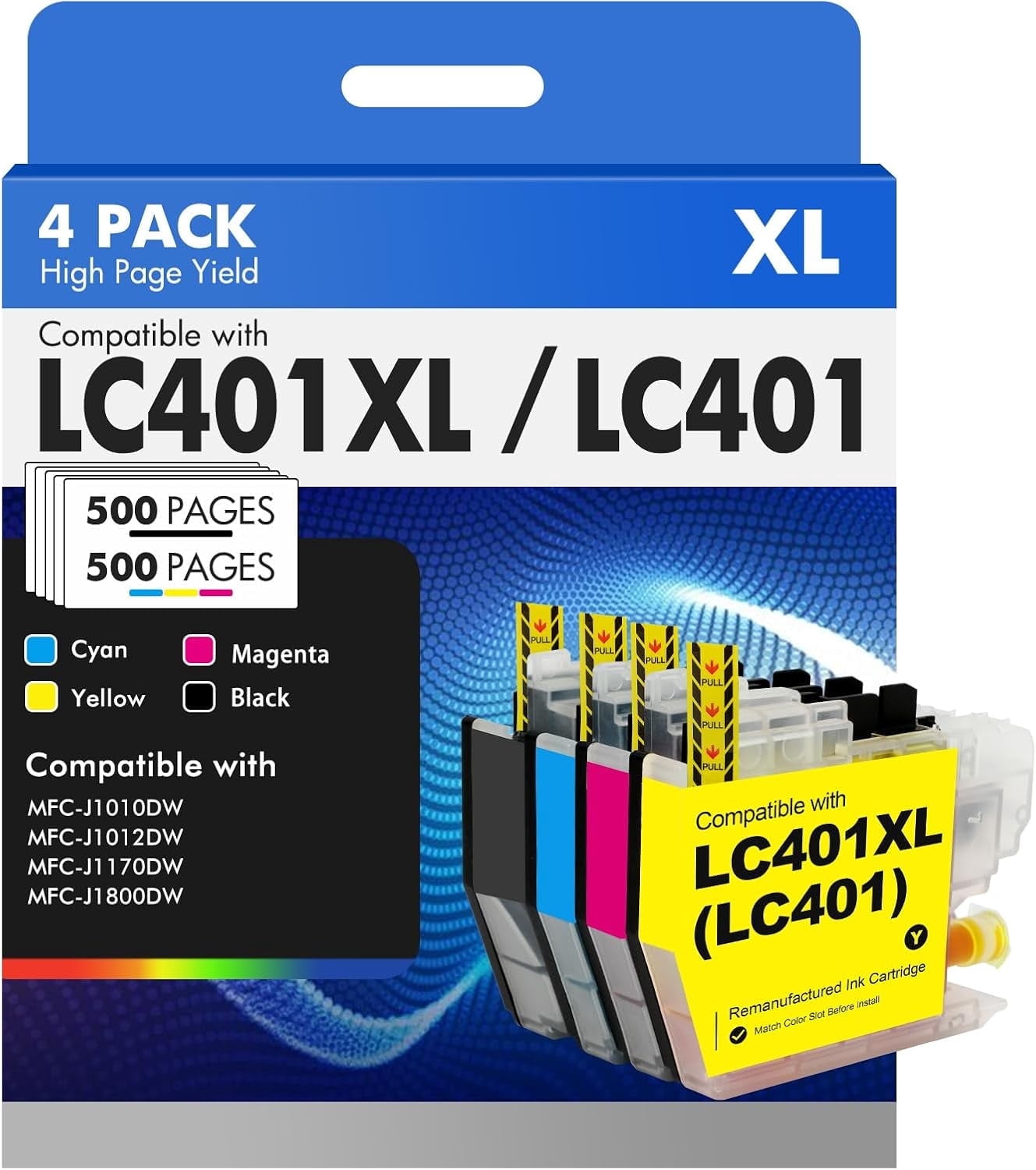 LC401 LC401XL Ink for Brother LC401 Ink Cartridge LC401 Brother Ink Cartridge for Brother MFC-J1010DW MFC-J1012DW MFC-J1170DW MFC-J1800DW Printer (4-Pack, Black, Cyan, Magenta, Yellow)