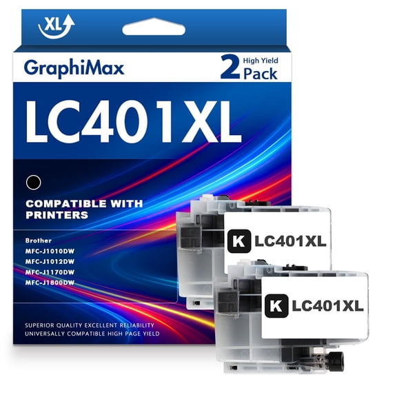 LC401 LC401XL MFC-J1010DW Ink Cartridges for Brother Printer LC 401 LC 401XL High Yields MFC-J1010DW MFC-J1170DW MFC-J1012DW MFC-J1800DW MFC J1010DW (2 Pack Black)