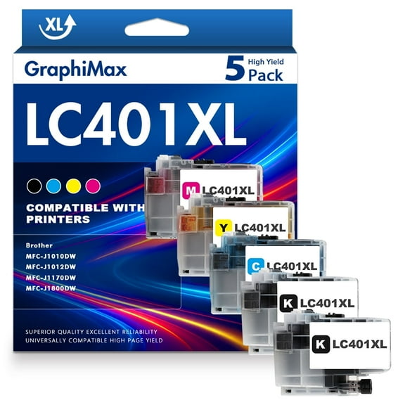 LC401 LC401XL MFC-J1010DW Ink Cartridges for Brother Printer LC 401 LC 401XL High Yields MFC-J1010DW MFC-J1170DW MFC-J1012DW MFC-J1800DW MFC J1010DW (5 Pack, 2 x Black, Cyan Magenta Yellow)
