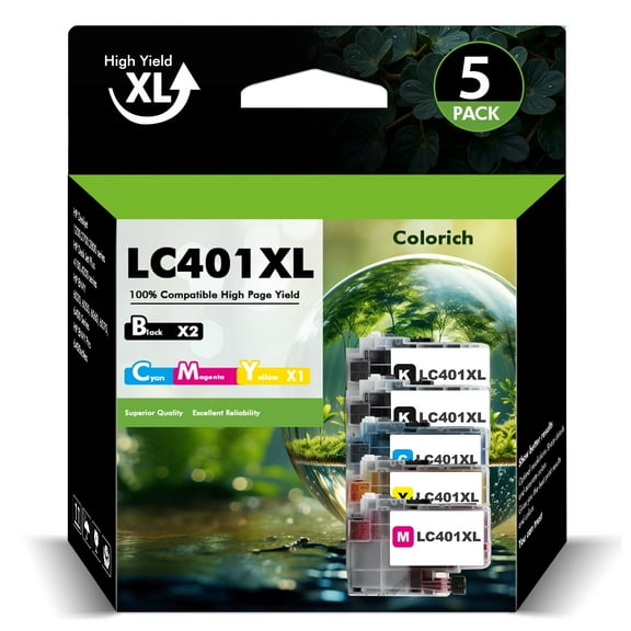 LC401XL LC401 MFC-J1010DW Ink Cartridges for Brother Printer 401XL LC 401 5-Pack High Yields for MFC-J1010DW MFC-J1170DW MFC-J1012DW MFC-J1800DW MFC J1010DW (2 x Black, Cyan, Magenta, Yellow)