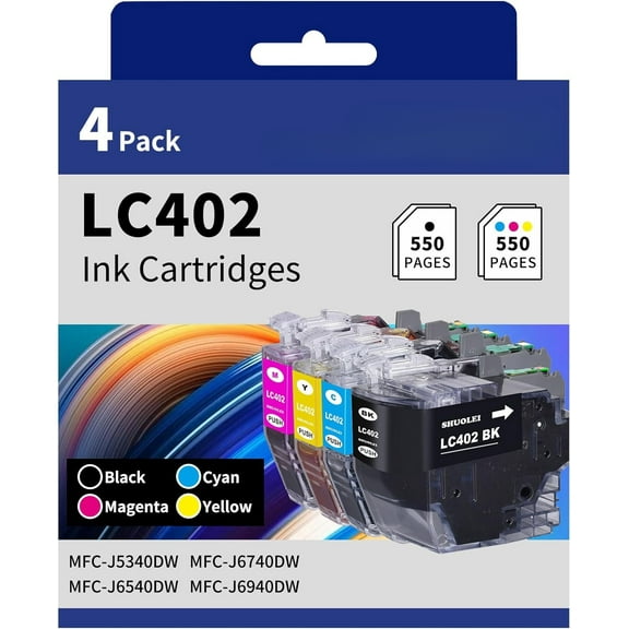 BF LC402 Ink Cartridge Compatible for Brother LC402 LC402XL Standard Yield Works with MFC-J5340DW MFC-J6740DW MFC-J6540DW MFC-J6940DW (4 Pack，1 Black, 1 Cyan, 1 Magenta, 1 Yellow)